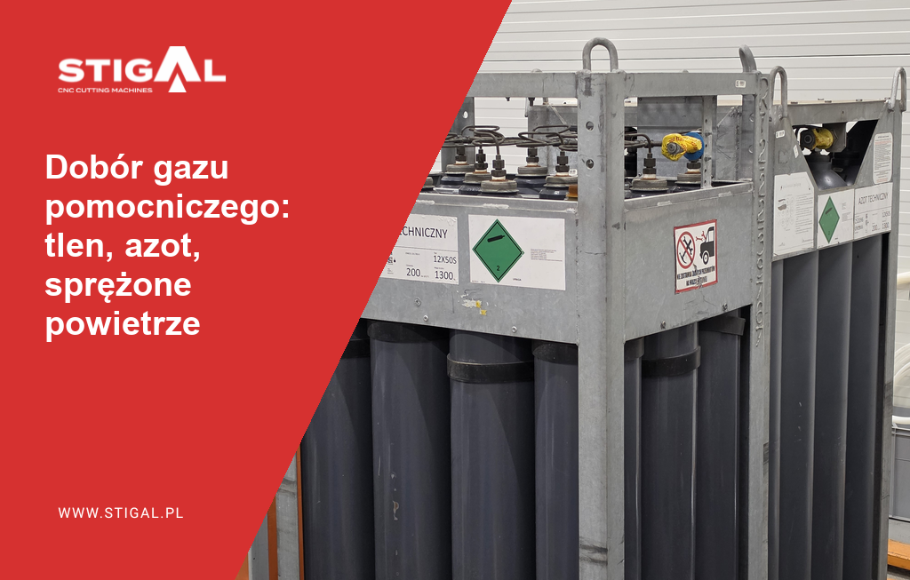 Wiązka butli azotu technicznego w hali STIGAL — gaz pomocniczy do cięcia laserowego (tlen, azot, sprężone powietrze)